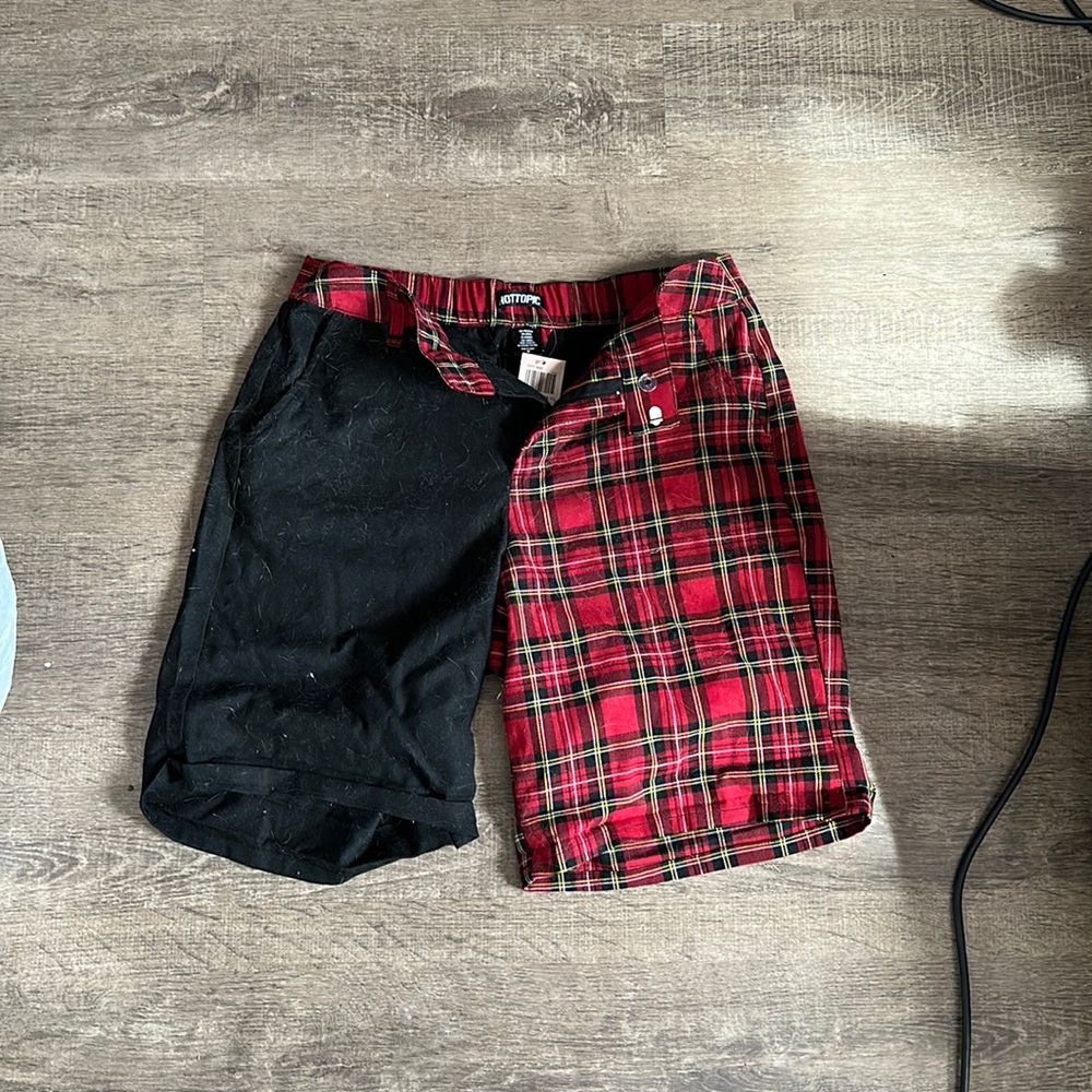 Split black/plaid shorts